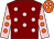 Maroon, pink spots, pink sleeves, orange spots, orange cap, pink spots (The Barbury Apes)