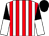 White and red stripes, black and white halved sleeves, black cap (Mills & Mason Partnership)