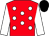 Red, white spots and sleeves, black cap (Mrs H Plumbly J Trafford K Deane S Hol)