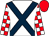 White, dark blue cross belts, red and white check sleeves, red cap (Southfield Racing)