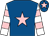 Royal blue, pink star, white and pink hooped sleeves, royal blue cap, pink star (Miss Sarah A Dawson)