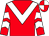 Red, white chevron, white chevrons on sleeves, quartered cap (Slaneyville Syndicate)