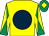 Yellow, dark blue disc, yellow and emerald green diabolo on sleeves, emerald green cap, yellow diamond (Wake Up Call)
