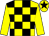 Yellow and black check, yellow sleeves, yellow cap, black star (Mrs J Donnelly)